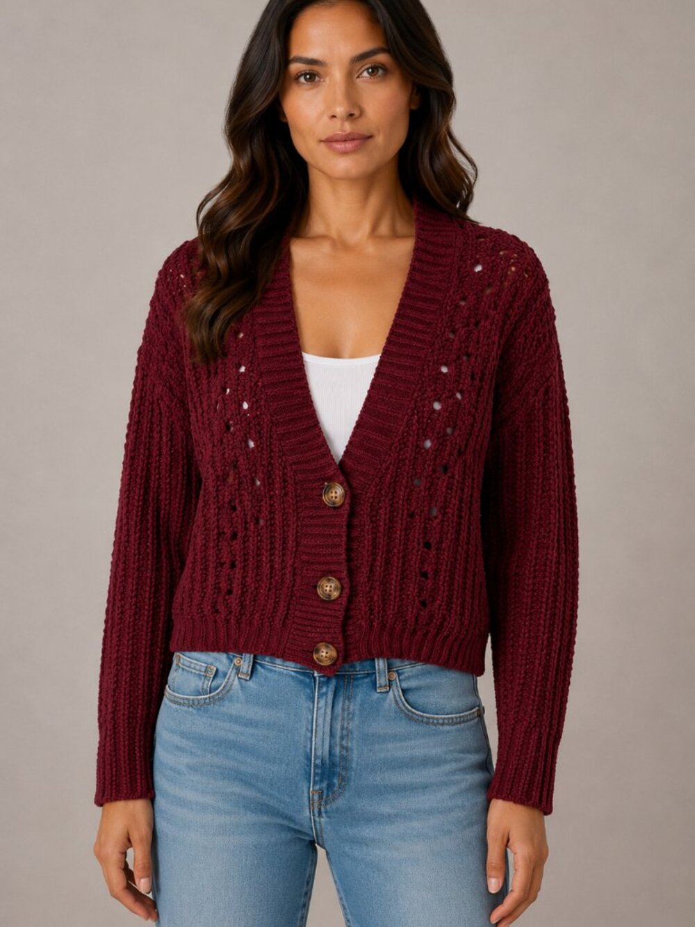 Moral Fiber Women’s M Burgundy Chunky Knit Cropped Button Cardigan
